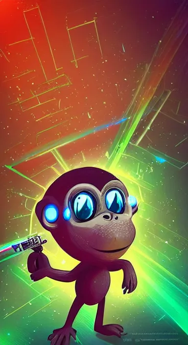 Image similar to “ small monkey with laser gun in large empty space, digital art, super aesthetic, art station children drawing style, award winning ”