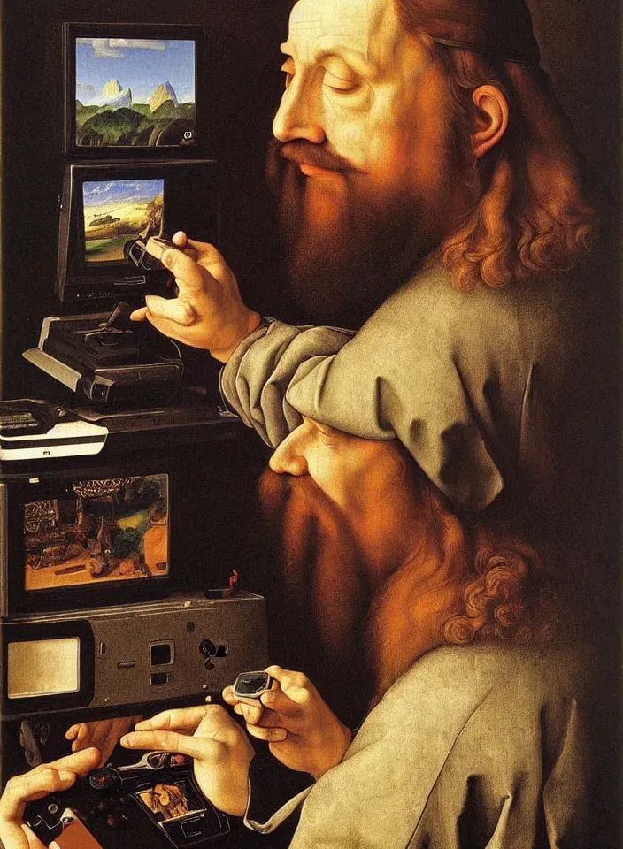 Image similar to Portrait of a man playing Nintendo 64 on a CRT. Painting by Albrecht Dürer. Intricate details. hyper realism. Masterpiece.