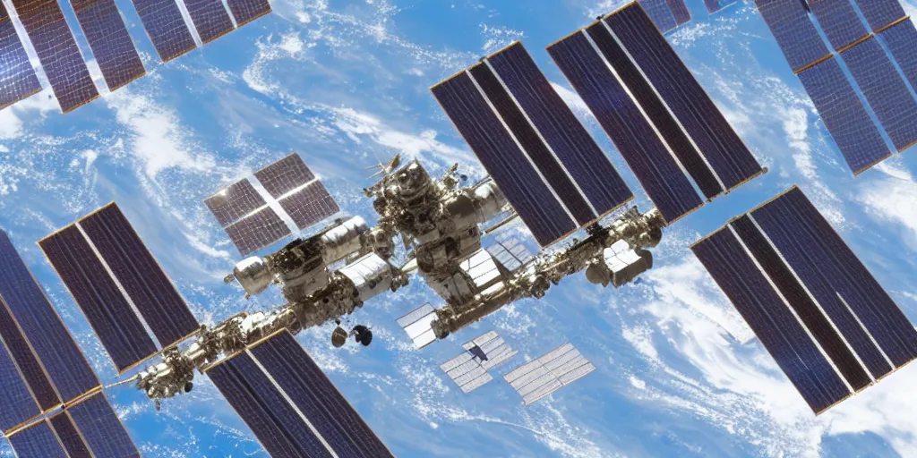 Image similar to a detailed sketch of the international space station, with the sun reflecting off of it's windows, various refining methods, micro macro autofocus, ultra definition, cinematic