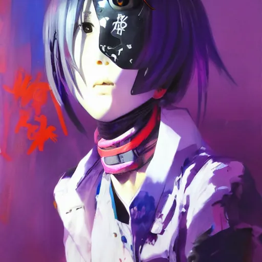 Image similar to portrait of the ( tokyo ghoul ) masked joyful adolescent tiktoker girl aurora, purple dawn in neon santiago of chile on the background, concept art oil on canvas by yoji shinkawa, ryuichi sakamoto, esao andrews and yoshitaka amano