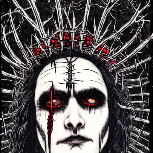 Image similar to Full-body detailed print of man wearing corpse paint and a crown on thorns with long black hair, tears of blood. Wide angle shot at night. Artwork by Junji Ito and dan Mumford