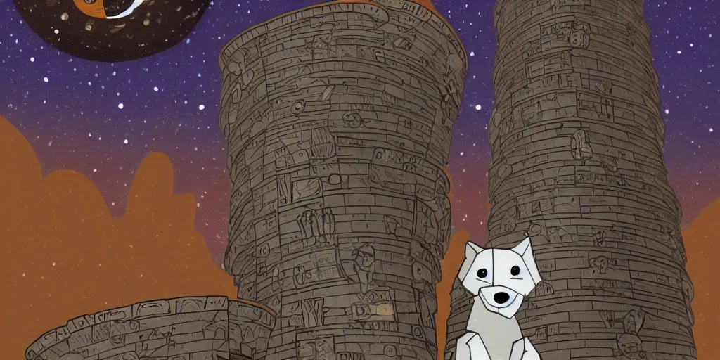 Image similar to anthropomorphic furry wolf inside a giant tower that tracks the stars and planets, illustration