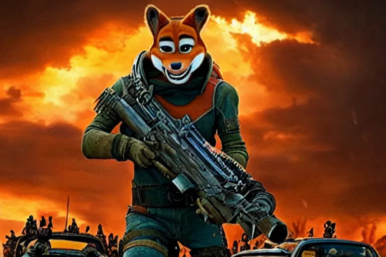 Image similar to nick wilde, heavily armed and armored facing down armageddon in a dark and gritty reboot from the makers of mad max : fury road