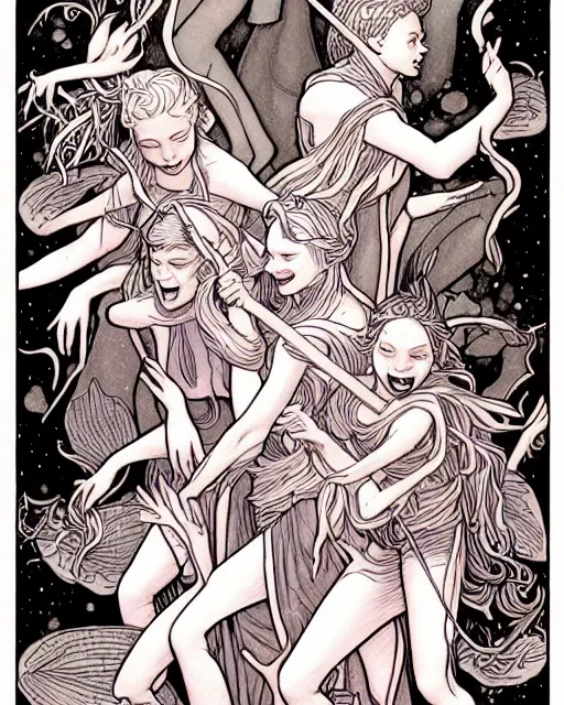 Image similar to fantasy comic cover art of a ( ( group of faeries ) ) laughing and dancing around a bonfire, illustration by jenny frison and sana takeda, intricate details, stunning inking lines, stunning gradient colors, 4 k, hd, artstation, award winning