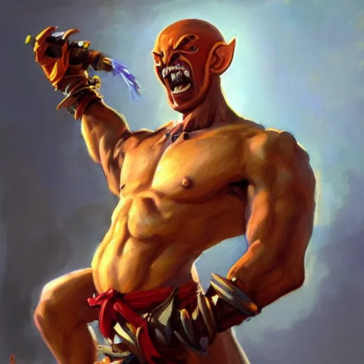 Image similar to greg manchess portrait painting of partially armored dhalsim from street fighter spitting fire as overwatch character, medium shot, asymmetrical, profile picture, organic painting, sunny day, matte painting, bold shapes, hard edges, street art, trending on artstation, by huang guangjian and gil elvgren and gerald brom