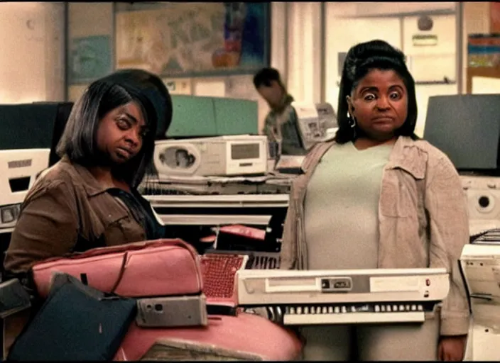 Image similar to cinematic shot of octavia spencer stressed out in an cramped used electronics store next to an old electronic keyboard, iconic scene from the paranoid thriller sci fi film directed by stanley kubrick, anamorphic cinematography, beautiful composition, color theory, leading lines, photorealistic