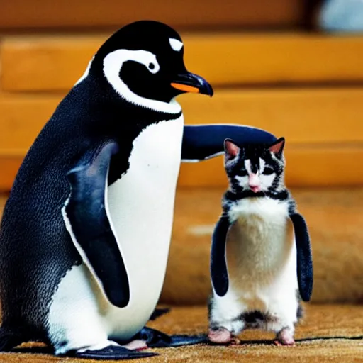 Image similar to a penguin juggling kittens.