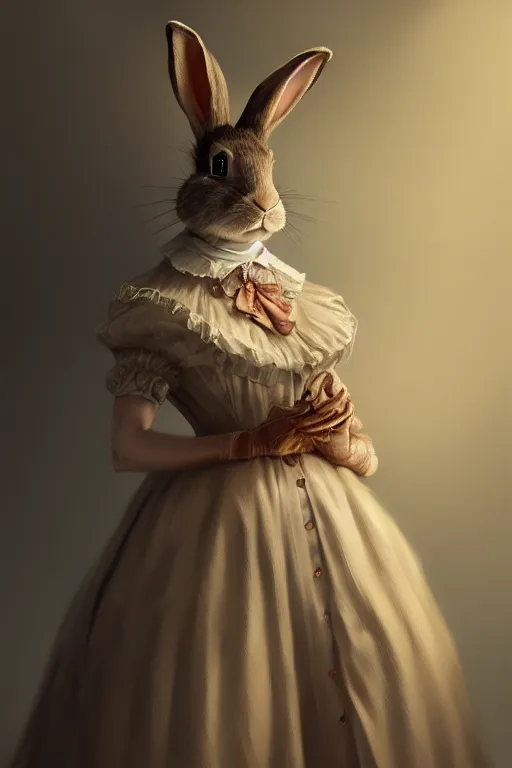 Prompt: portrait of an anthropomorphic rabbit in a victorian - era ballgown, dramatic lighting, highly detailed, digital painting, artstation, concept art, smooth, sharp focus, illustration, art by wlop, mars ravelo and greg rutkowski