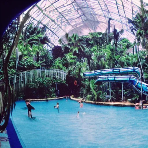 Prompt: inside waterpark with ferns and palm trees, liminal, photo from the 80s, found footage, wideangle,