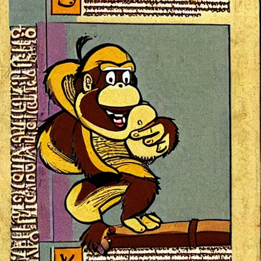 Prompt: Donkey Kong slips on a banana with a bunch on his arms, medieval text book art