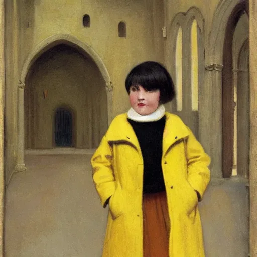 Image similar to a distant little girl with short black hair and wearing a yellow coat alone in the inner courtyard of an abbey, the light is bright and wintry, painting by hopper and de chirico