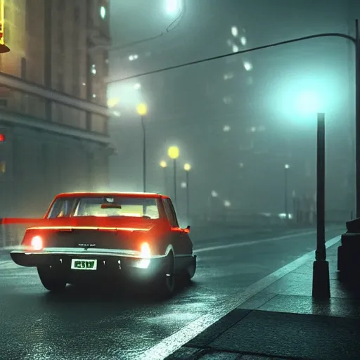 Prompt: hyperdetailed, photorealistic photograph of the ecto 1 driving in the streets, rain, night, dense fog, hd, unreal engine 5