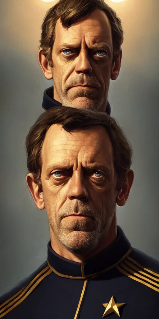 Image similar to portrait of Hugh Laurie wearing his starfleet captains uniform, close face shot, realistic character concept, high fantasy, light atmosphere, golden ratio, cinematic lighting, hyperdetailed, high resolution, insanely detailed and intricate, artstation, Marc Simonetti, Greg Rutkowski