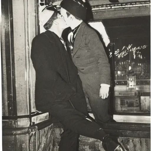 Prompt: gay couple kissing on a bar at night, paris, 2 0 s, vintage