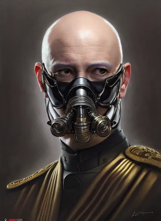 Image similar to portrait of supreme leader with cybernetic mask, bald, royalty, extravagant, lord, full body, military uniform, fantasy, intricate, elegant, beautiful, highly detailed, charcoal, centered, dark, smokey, digital painting, artstation, concept art, art by artgerm and greg rutkowski and alphonse mucha