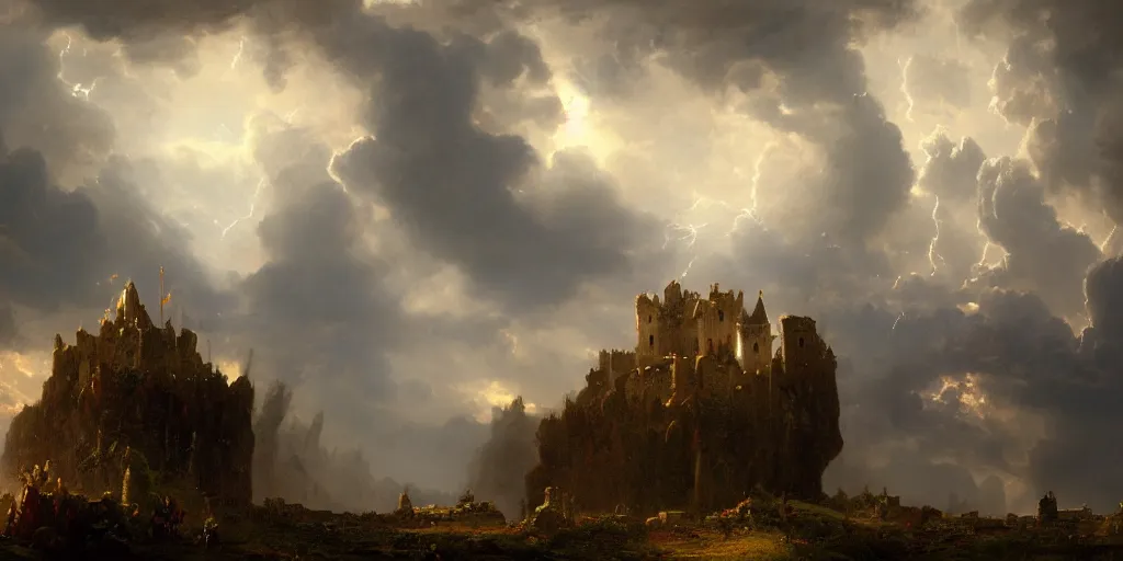 Prompt: a beautiful painting of epic skycape with thunder clouds and storm over a moody landscape ruins castle fantasy medieval by albert bierstadt and joseph zbukvic, moody color scheme, high detail, trending on artstation