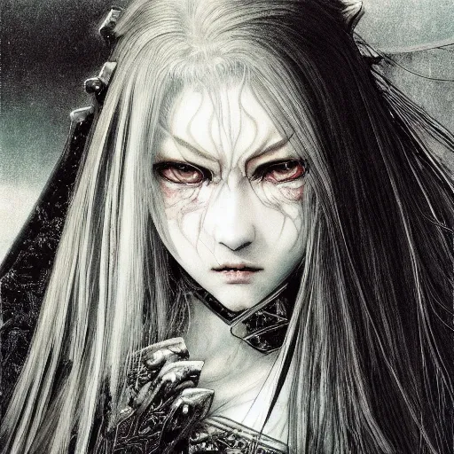 Image similar to yoshitaka amano realistic illustration of an anime girl with wavy white hair and cracks on her face wearing elden ring armour with the cape fluttering in the wind, abstract black and white patterns on the background, noisy film grain effect, highly detailed, renaissance oil painting, weird portrait angle