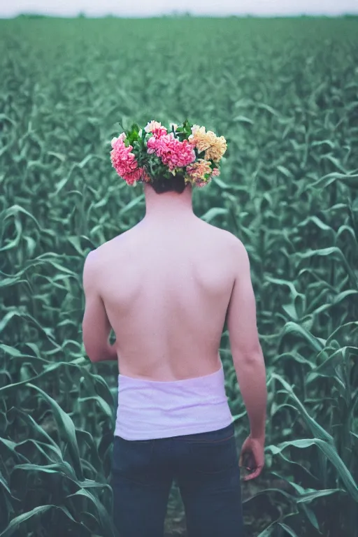 Image similar to agfa vista 4 0 0 photograph of a skinny blonde guy standing in a cornfield, flower crown, back view, grain, moody lighting, telephoto, 9 0 s vibe, blurry background, vaporwave colors!, faded!,