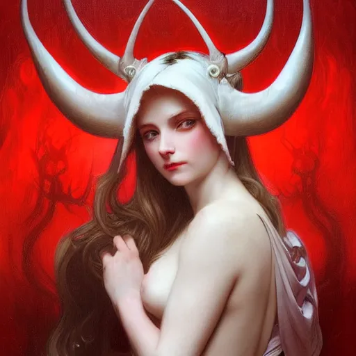 Image similar to Portrait of beautiful pale demon girl with horns, red lighting, intricate, elegant, highly detailed, digital painting, artstation, smooth, sharp focus, illustration, art by artgerm and greg rutkowski and alphonse mucha and Wayne Barlowe and william-adolphe bouguereau