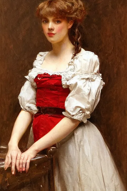 Prompt: Louis Marie De Schryver and Solomon Joseph Solomon and Richard Schmid and Jeremy Lipking victorian genre painting full length portrait painting of a young beautiful woman traditional german french barmaid in fantasy costume, red background