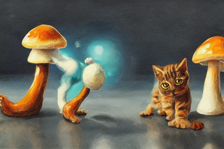 Image similar to a high detail paint of Two cats dancing with a mushroom, in simple background, concept art, mad painting