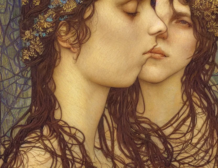 Image similar to detailed realistic beautiful young medieval queen face portrait by jean delville, alphonse mucha, vincent van gogh, and marco mazzoni, art nouveau, symbolist, visionary, gothic, pre - raphaelite