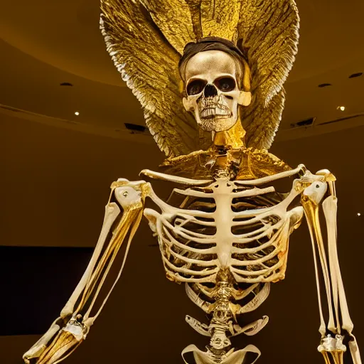 Image similar to an anatomical correct angel male skeleton covered in 2 4 k gold leaf, the skeleton is in the middle of a futuristic museum, photographed by andrew thomas huang