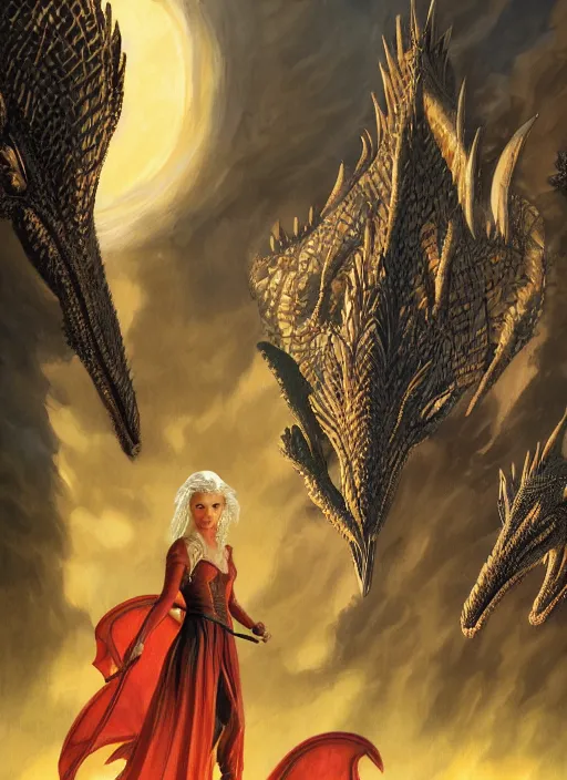 Prompt: queen daenerys stormborn with her dragons, by michael whelan, detailed matte painting, 8 k resolution