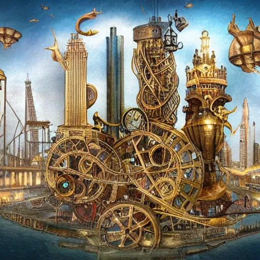 Prompt: Free city, floating in the wind on its huge shining engine. It is inhabited by a variety of creatures, erecting their own high building, a match for their self-expression. Steampunk style.