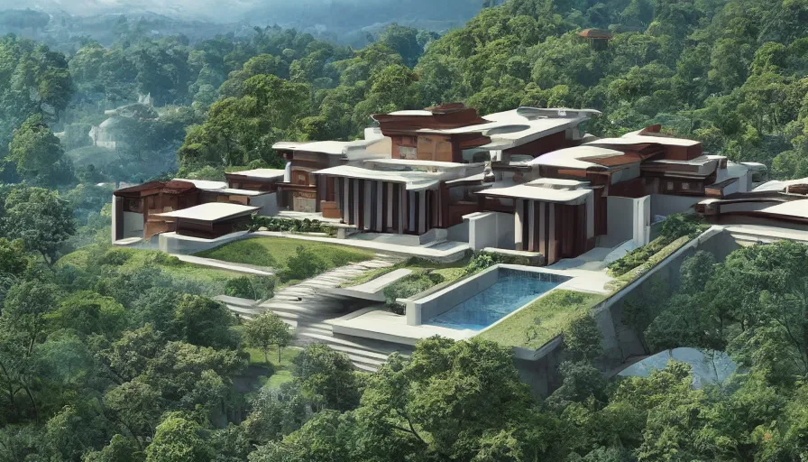 Image similar to residential villa inspired by tibetan architecture, on city, overlooking a valley with trees, frank lloyd wright, zaha hadid, le corbeusier, photorealistic, birds eye view