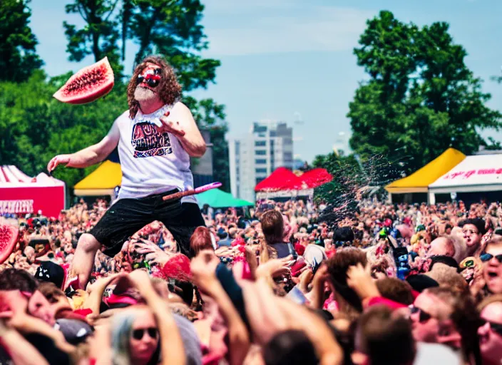 Image similar to photo still of gallagher at vans warped tour!!!!!!!! at age 5 5 years old 5 5 years of age!!!!!!! throwing watermelons at a crowd, 8 k, 8 5 mm f 1. 8, studio lighting, rim light, right side key light