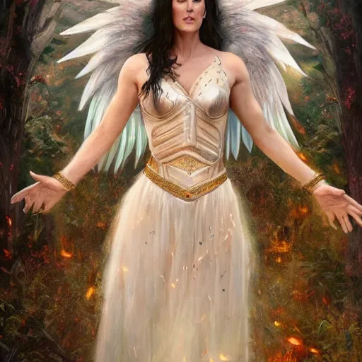 Image similar to A beautiful detailed painting of jennifer connelly as a female angel warrior in a magical forest by john sargent and Kalin Popov , Trending on artstation HD.