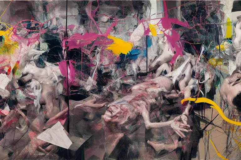 Prompt: bodies entwined in the physical impossibility of death, extremely intricate and detailed, by painted by francis bacon, adrian ghenie, james jean, part by gerhard richter, part by petra cortright. 8 k masterpiece