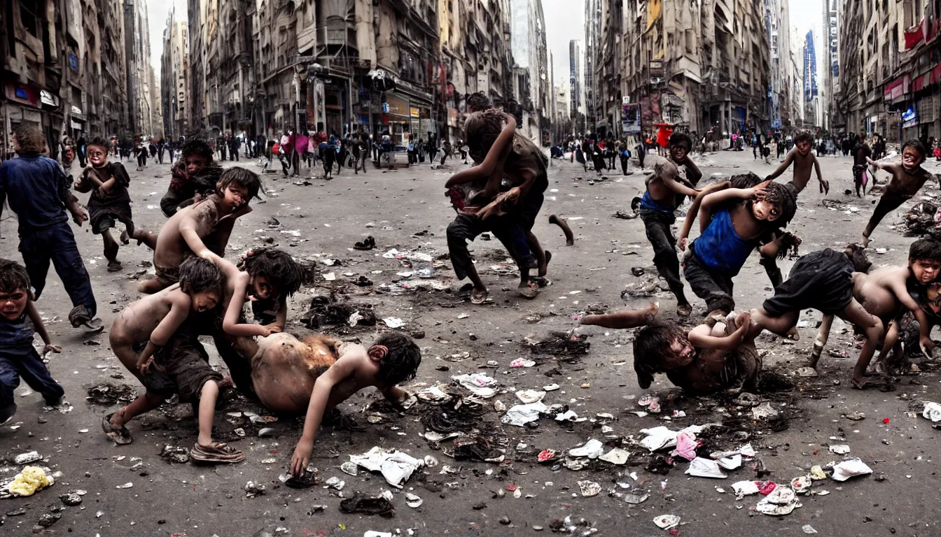 Prompt: in a dirty city street disheveled children in rags fight against laughing obese men in cheap suits, over piles half eaten rotting fast food, money thrown and floats in the air, hyper realistic photo, full colour, upscale, 8 k, masterpiece,