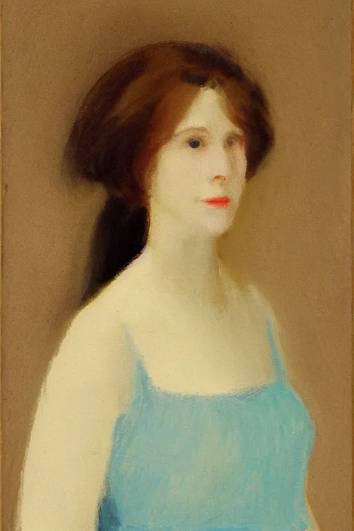 Prompt: portrait of a young woman in a blue dress by charles hawthorne, highly detailed, sharp focus, dramatic backlighting