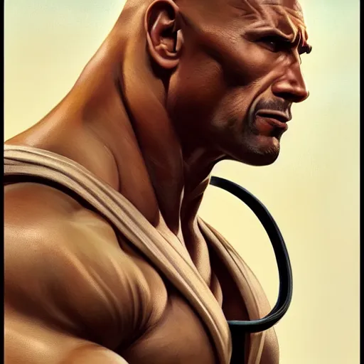 Image similar to doc savage, dwayne johnson, muscular, painted character portrait, highly detailed, digital painting, artstation, concept art, sharp focus, illustration, art by artgerm and greg rutkowski and alphonse mucha