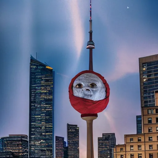 Image similar to Toronto tourist guide with planet mars as a head, dramatic cinematic lighting, Toronto landmarks background