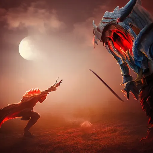 Image similar to Fight between a powerful demon and a knight, painting, volumetric lighting, moon light, , beautiful details, HDR, , action shot, wide angle, horror theme,