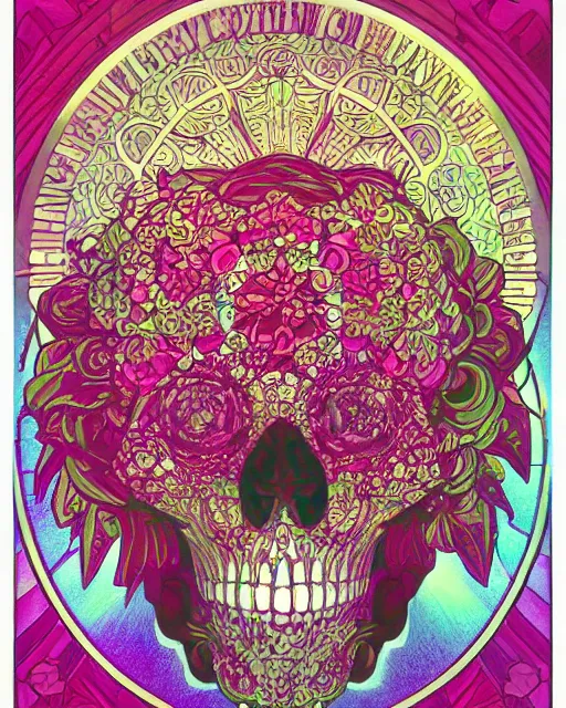 Image similar to Carved ruby skull art surrounded by varities of pineapple, cell shading, voronoi, fibonacci sequence, sacred geometry by Alphonse Mucha, Moebius, hiroshi yoshida, Art Nouveau, colorful, ultradetailed, vivid colour, 3d