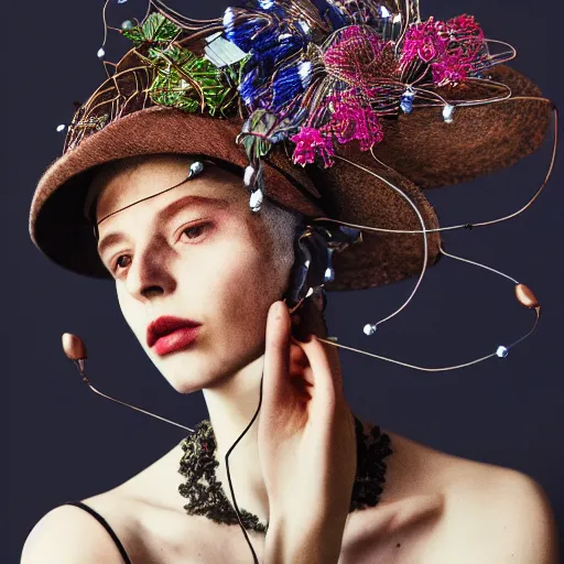 Prompt: a beautiful portrait with a hat made by rosegold wire designed by balenciaga and inspired by egon schiele style,some wires and flowers around the head,navy blue flowers and wires made by rose gold,cinematic lighting,cinematic composition,highly detailed,inspired by baroque jewelry ,hyper realistic,