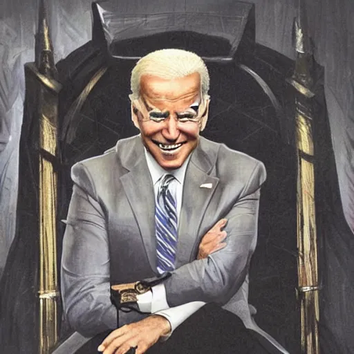 Image similar to joe biden sitting on a throne in a dark evil room with a cloak obscuring his eyes, evil grin, horror, terrifying artwork