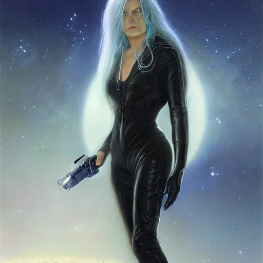 Image similar to pleiadian woman with big eyes and long silver hair wearing a dark body suit and holding a plasma gun as a realistic sci fi character, portrait art by donato giancola and greg rutkowski, digital art, trending on artstation, standing in a barren field, silver hair