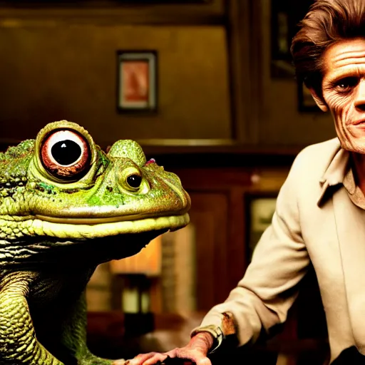 Prompt: willem dafoe and a huge toad sitting in a bar, realistic, from a movie directed by martin scorsese