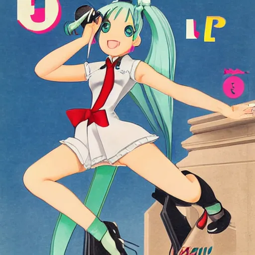 Image similar to Hatsune Miku full body pin up modeling in idol unioform, with a park in the back ground, post war style, detailed face, american postcard art style, by Gil Elvgren