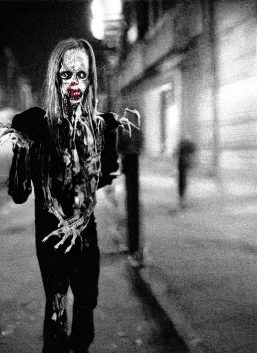 Image similar to cinestill night portrait of a zombie walking on the street horror practical fx by david cronenberg