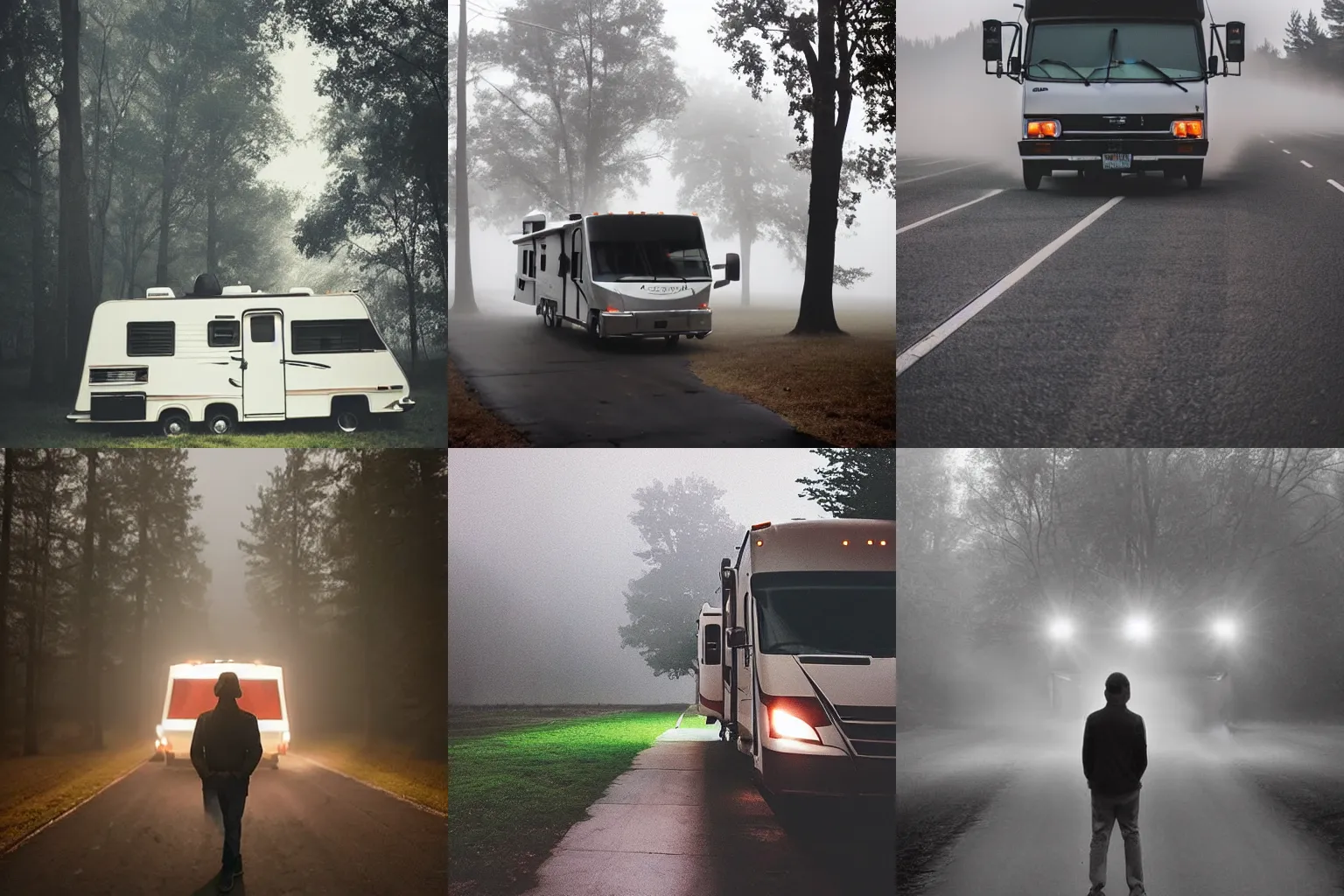Prompt: a man standing in the headlights of an RV, dramatic, fog, pinterest