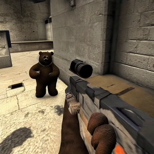 Image similar to a screenshot of a teddy bear inside a counter strike game, the teddy bear is holding a gun, the teddy bear is shooting another teddy bear