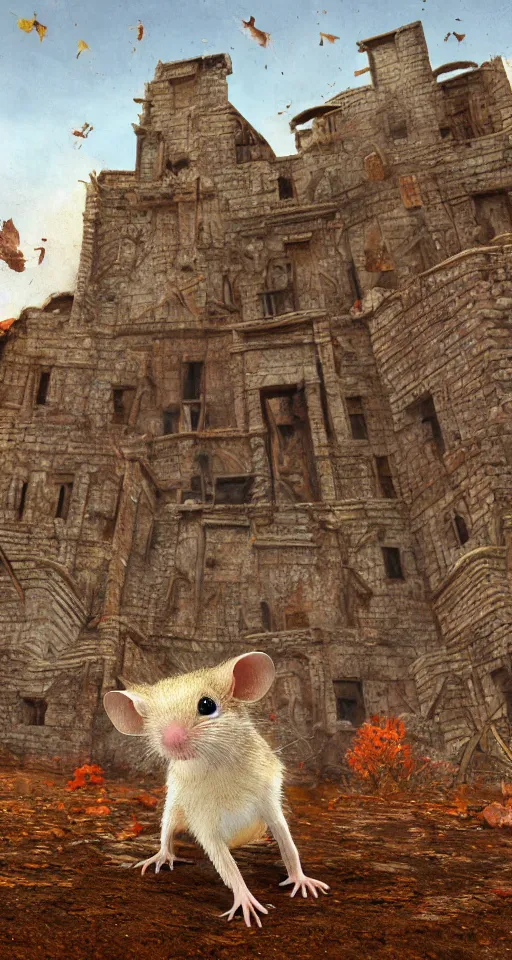 Image similar to close - up selfie shot of dwarf fat - tailed jerboa with rusty broken building constructions of a giant staircase for multiple cases, leading to the sky, the ruins, in the steppe, autumn field, misty background, from the game pathologic 2, highly detailed, sharp focus, matte painting, by isaac levitan and asher brown durand,