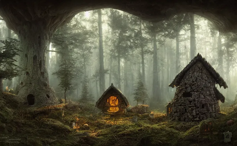 Image similar to A mushroom house in a tall mushroom, small door and windows in the mushroom, warm light coming from the windows, in a dark forest, macro, cool tones, underexposed, overecast, mysterious matte painting by greg rutkowski and marc simonetti and Ivan Shishkin, 4k