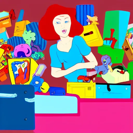 Image similar to a painted cartoonish scene, an open suitcase sits on a table, the open suitcase contains a vast pile of toys, the pile of toys rises all the way to the ceiling, the pile of toys blocks the background, a woman stands next to the table and suitcase, the woman holds more toys